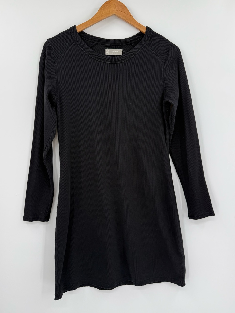 Everlane Ribbed Organic Cotton Long Sleeve Mini Dress | Black | Large